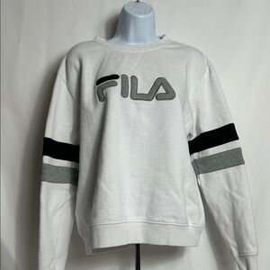 Fila  White Sweatshirt Black Gray Stripes Sleeves Women’s Size Large Top